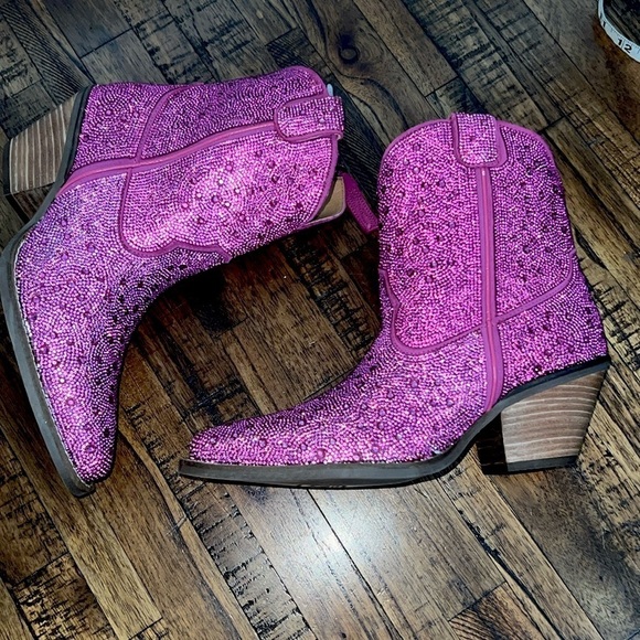 NWT Dingo Boots Leather Cowgirl Pink Fuschia Rhinestone embellished womens 8 - Picture 10 of 16